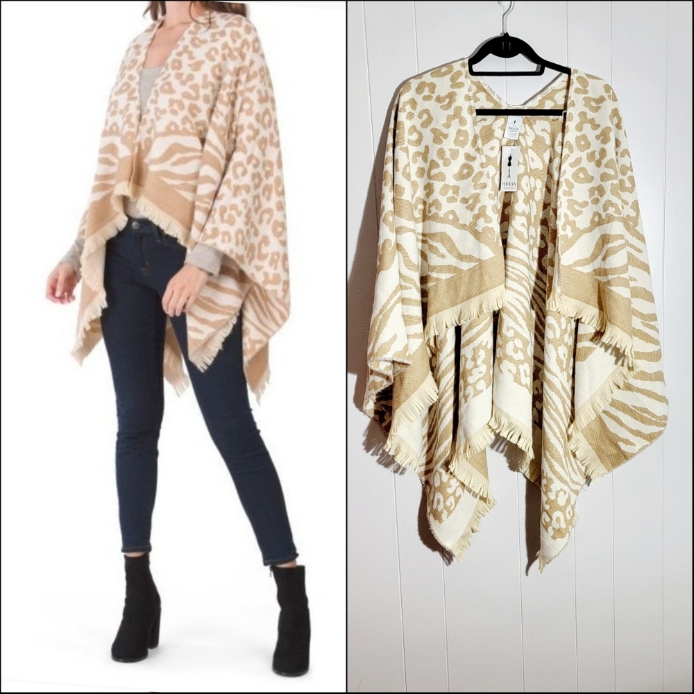 4/$20 NWT PHOLYA Animal Print Neutral Fringe Trim Shawl Poncho Tan Cream